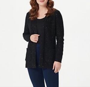 ISAAC MIZRAHI Cardigan Open‎ Front Sequined Pockets Knit Large Black NWT